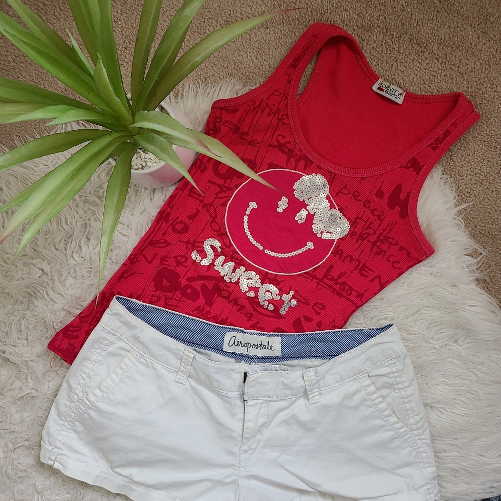 Smile racerback graphic sequin tank top
